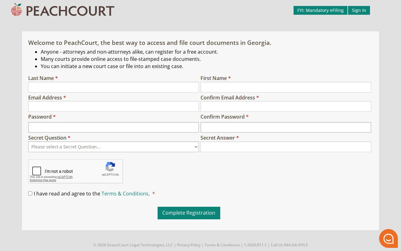 Johnson County case lookup PeachCourt registration screen